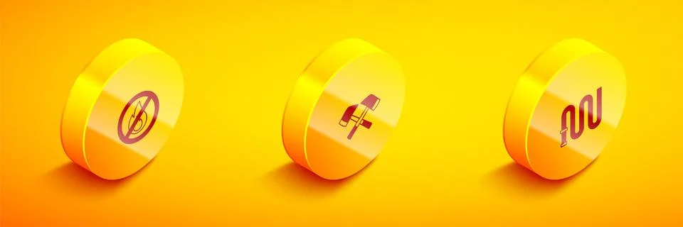 Set Isometric No fire, Firefighter axe and hose reel icon. Vector Stock Illustration