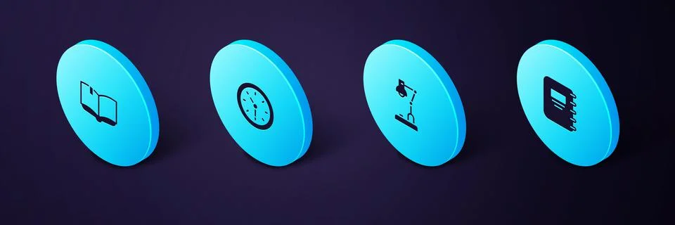 Set Isometric Notebook, Table lamp, Clock and Open icon. Vector Stock Illustration