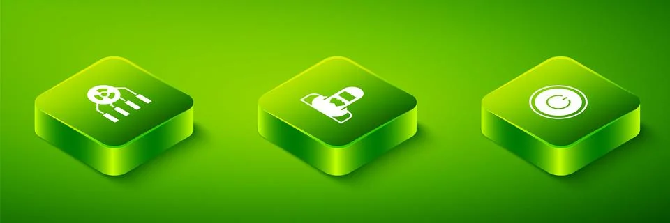 Set Isometric Nuclear reactor worker, Power button and Radioactive icon. Vector Stock Illustration