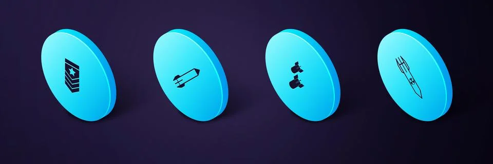 Set Isometric Nuclear rocket, Aviation bomb, Rocket and Chevron icon. Vector Stock Illustration