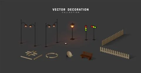 Set of isometric objects, street lamps on poles shine, traffic lights, fence  Stock Illustration