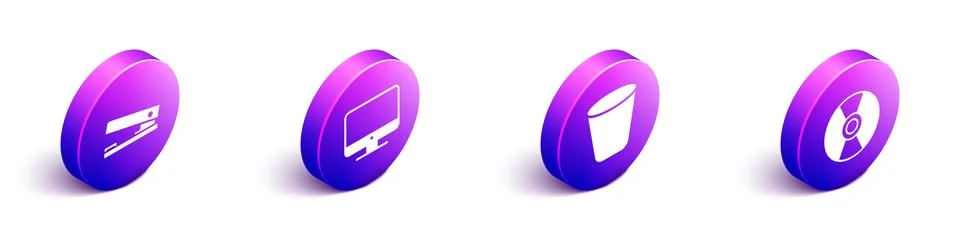 Set Isometric Office stapler, Computer monitor screen, Trash can and CD or DVD Illustrazione stock