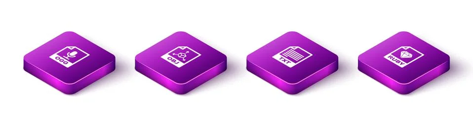 Set Isometric OGG file document, OBJ, TXT and RUBY icon. Vector Stock Illustration