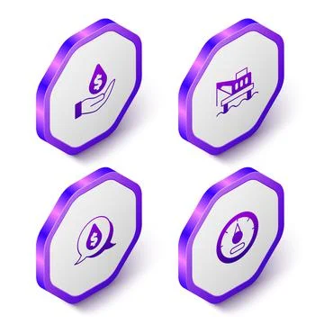 Set Isometric Oil drop with dollar symbol, platform in the sea, and Motor gas Stock Illustration