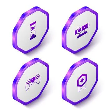 Set Isometric Old hourglass, Web camera, Game controller or joystick and rating Stock Illustration