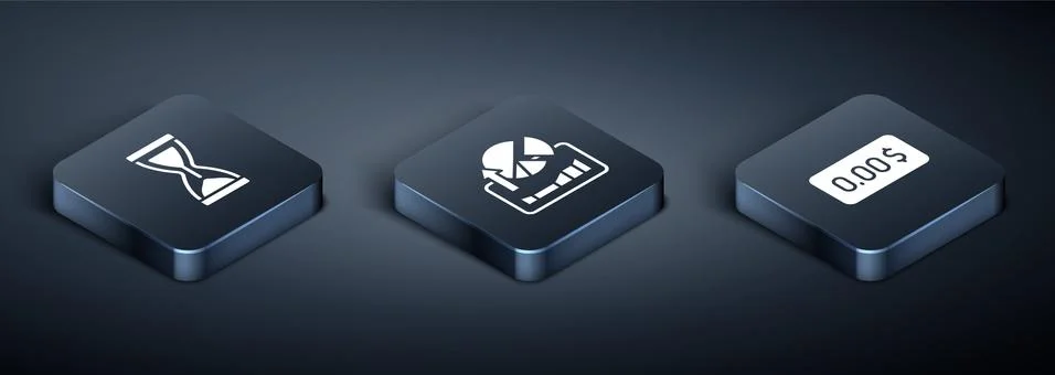 Set Isometric Old hourglass, Zero cost and Stocks market growth graphs icon Ilustração Stock