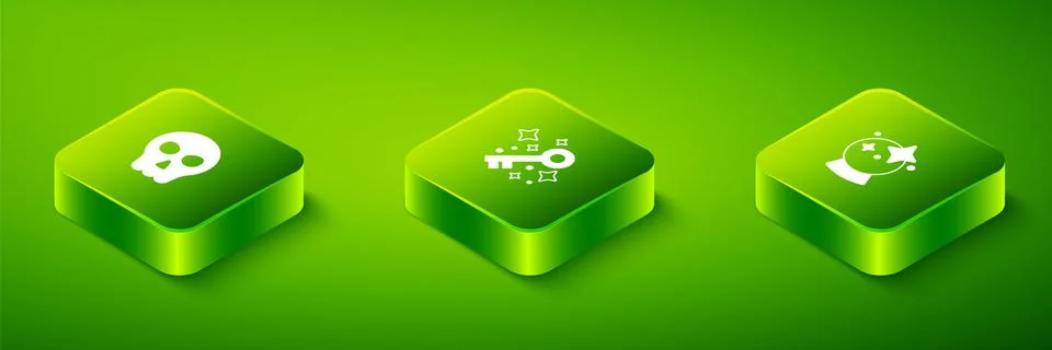 Set Isometric Old magic key, Magic ball and Skull icon. Vector Illustrazione stock