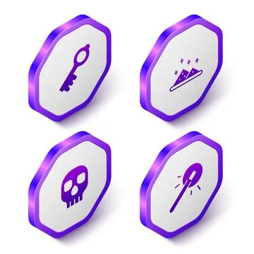 Set Isometric Old magic key, Magic powder, Skull and wand icon. Purple hexagon Illustrazione stock