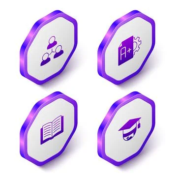 Set Isometric Online class, Exam sheet with A plus grade, Open book and Gradu Stock Illustration