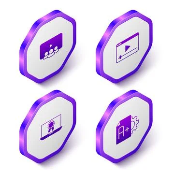 Set Isometric Online class, play video, education with diploma and Exam sheet A Illustrazione stock