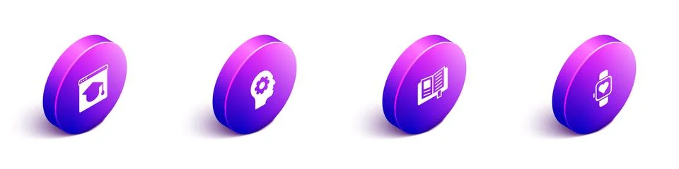Set Isometric Online education, Human head with gear inside, Reading book and Illustrazione stock