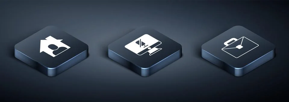 Set Isometric Online working, Briefcase and Mute microphone on computer ico.. Stock-Illustration