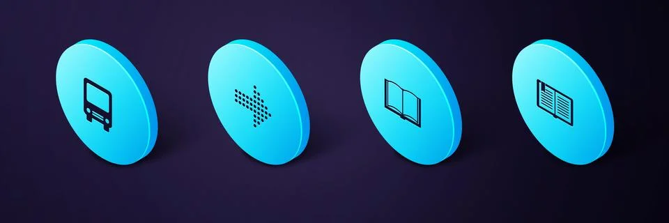 Set Isometric Open book, , Dots arrow and Bus icon. Vector Stock Illustration