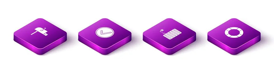 Set Isometric Open mail box, Check mark in circle, Server and Lifebuoy icon Stock Illustration