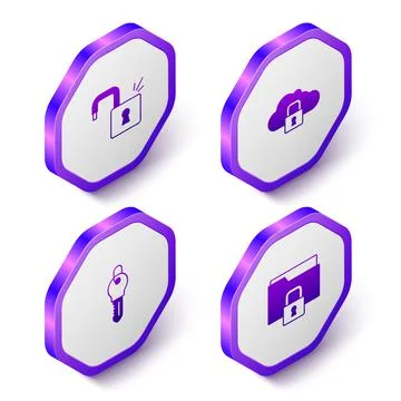 Set Isometric Open padlock, Cloud computing, Key and Folder and icon. Purple Stock Illustration