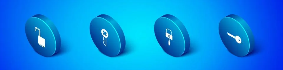 Set Isometric Open padlock, Lock picks for picking, Key and Wrong key icon Stock Illustration