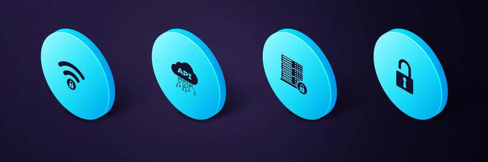 Set Isometric Open padlock, Server security with, Cloud api interface and Wifi Stock Illustration