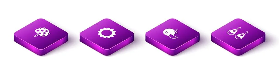Set Isometric Orange tree, Sun, fruit and Earrings icon. Vector イラスト素材