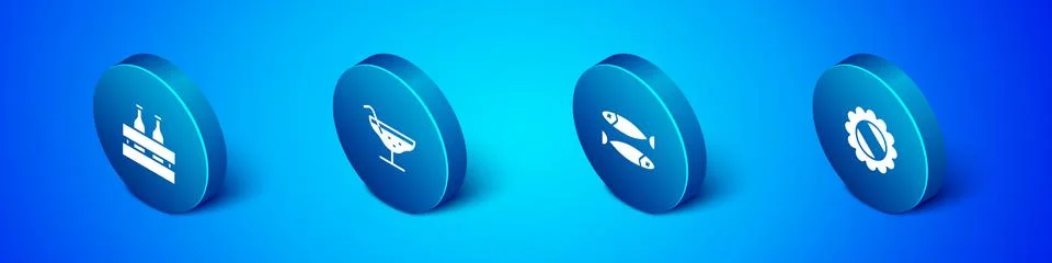 Set Isometric Pack of beer bottles, Dried fish, Bottle cap and Cocktail icon Stock Illustration