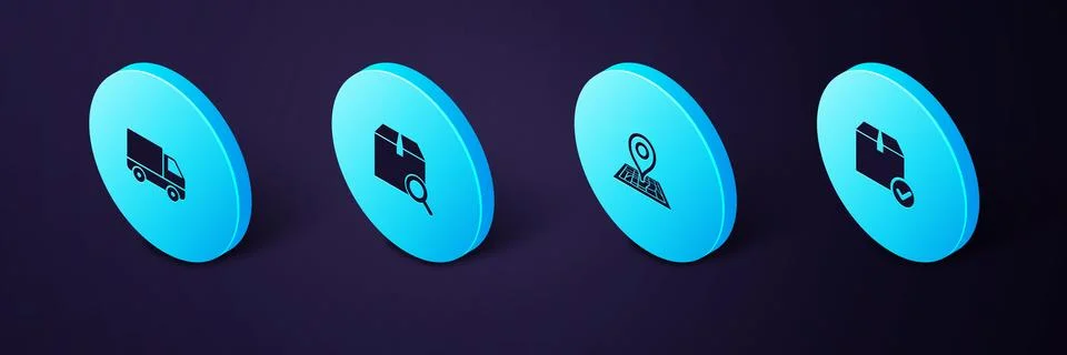 Set Isometric Package box with check mark, Placeholder on map, Search package Stock Illustration