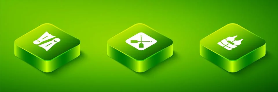Set Isometric Paddle, Life jacket and Flippers for swimming icon. Vector Stockillustratie