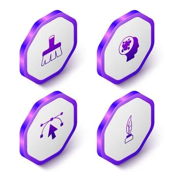 Set Isometric Paint brush, spray, Bezier curve and Feather and inkwell icon.. Stock Illustration