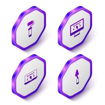 Set Isometric Paint roller brush Computer with design program and Palette kni Stock Illustration