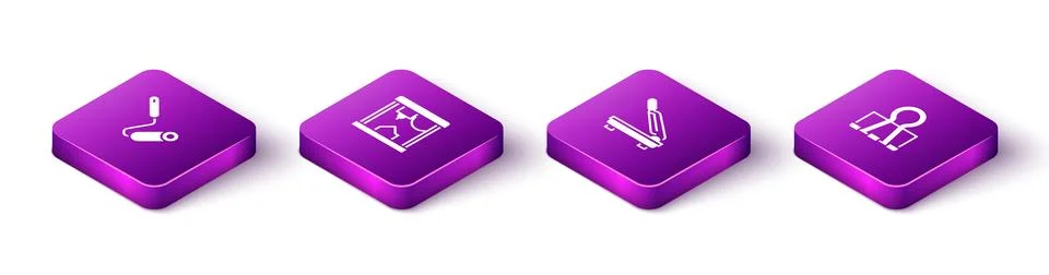 Set Isometric Paint roller brush, 3D printer, Paper cutter and Binder clip ic Illustrazione stock