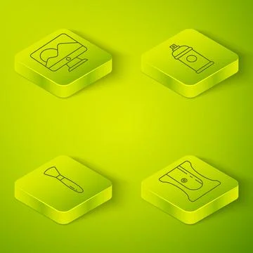 Set Isometric Paint spray can, Paint brush, Pencil sharpener and Computer Stock Illustration