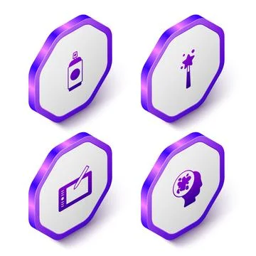 Set Isometric Paint spray can, Magic wand, Graphic tablet and  icon. Purple.. Stock Illustration