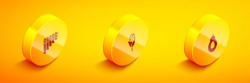 Set Isometric Pan flute, Corn and Avocado icon. Vector Illustrazione stock