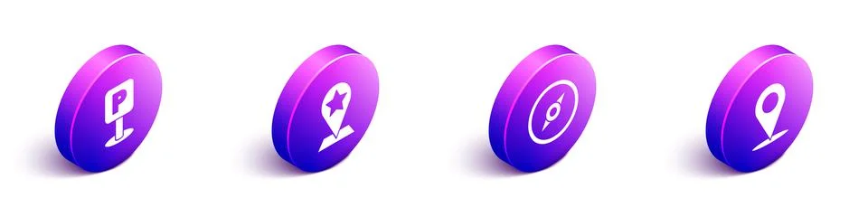Set Isometric Parking, Map pointer with star, Compass and Location icon. Vector Stock Illustration