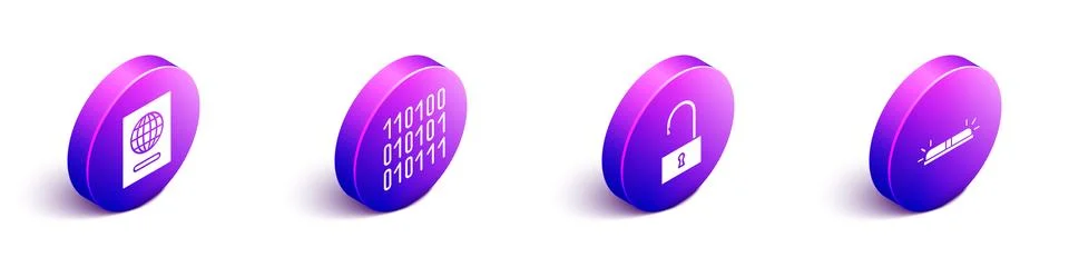 Set Isometric Passport, Binary code, Open padlock and Flasher siren icon. Vector Stock Illustration