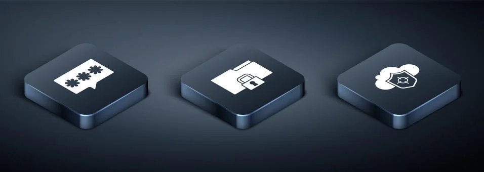 Set Isometric Password protection, Cloud and shield and Folder lock icon. Vector Stock Illustration