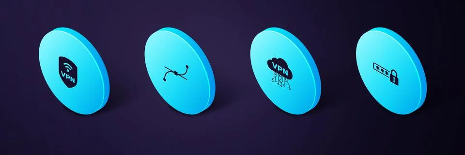 Set Isometric Password protection, Cloud VPN interface, Bezier curve and Shie Stock Illustration