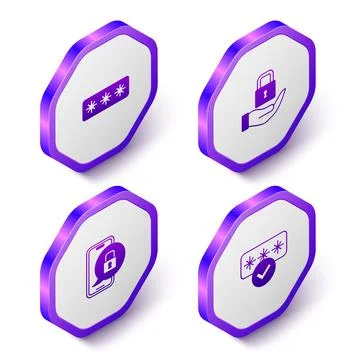 Set Isometric Password protection, Lock, Mobile with closed padlock and icon Stock Illustration