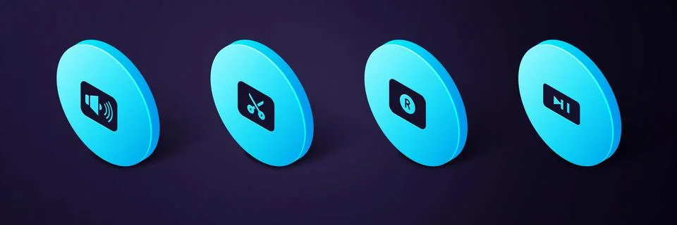 Set Isometric Pause button, Record, Music video editing and Speaker volume .. Illustrazione stock
