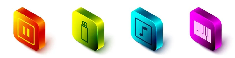 Set Isometric Pause button, USB flash drive, Music note, tone and Music イラスト素材