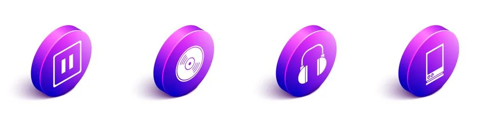 Set Isometric Pause button, Vinyl disk, Headphones and Voice assistant icon Illustrazione stock