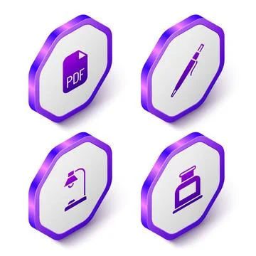 Set Isometric PDF file document, Pen, Table lamp and Inkwell icon. Purple Stock Illustration