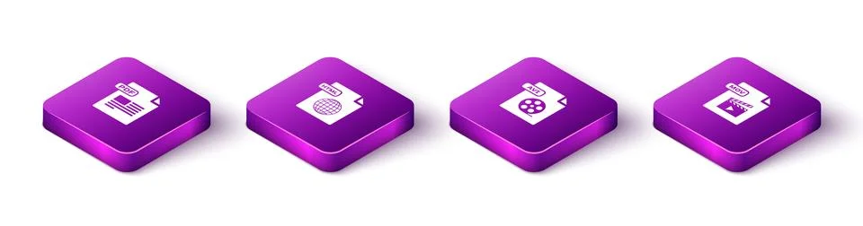 Set Isometric PDF file document, HTML, AVI and MOV icon. Vector Stockillustratie