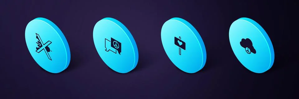Set Isometric Peace cloud, , Speech bubble chat and No war icon. Vector Stock Illustration