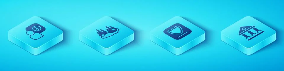 Set Isometric Peace talks, Burning car, Courthouse building and Shield icon Ilustración de archivo