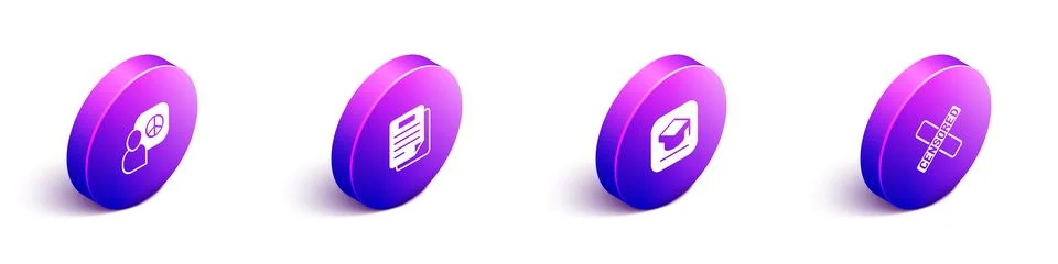 Set Isometric Peace talks, Document, Graduation cap and Censored stamp icon Ilustración de archivo
