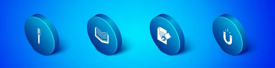 Set Isometric Pen, Exam sheet and pencil, Magnet and Open book icon. Vector Stock Illustration