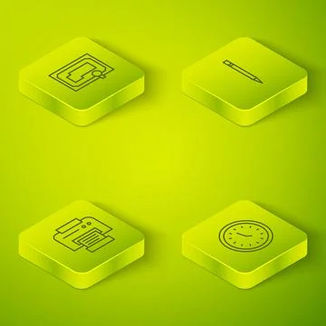 Set Isometric Pencil with eraser, Printer, Clock and Certificate template icon 스톡 일러스트