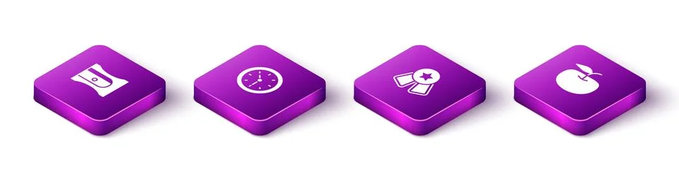 Set Isometric Pencil sharpener, Clock, Medal with star and Apple icon. Vector Stock Illustration