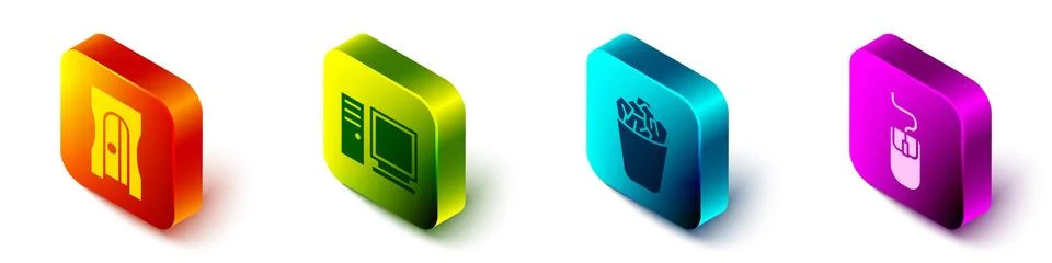 Set Isometric Pencil sharpener, Computer monitor, Full trash can and Computer Stock-Illustration