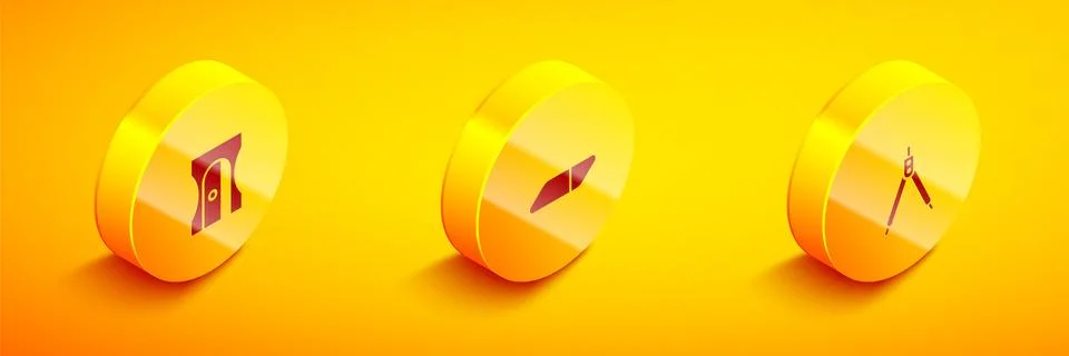 Set Isometric Pencil sharpener, Eraser or rubber and Drawing compass icon イラスト素材