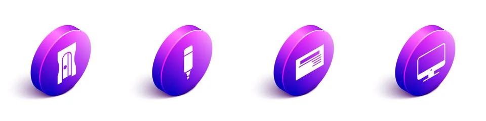 Set Isometric Pencil sharpener, Marker pen, Business card and Computer monitor 库存插图
